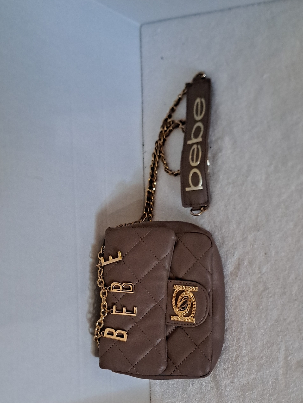 bebe Quilted Taupe Crossbody with Gold Chain and Logo